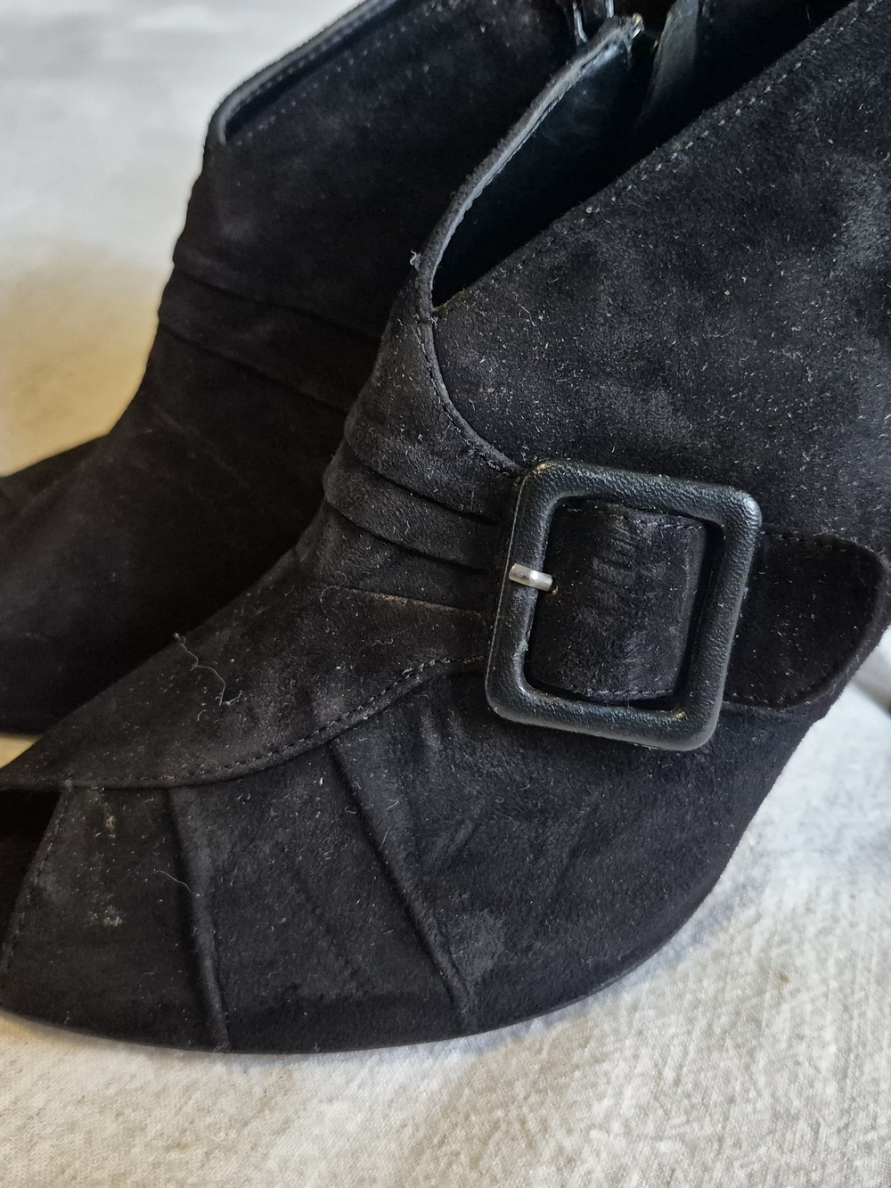 Women’s Black Suede Peep Toe Ankle Booties with Buckle - Picture 4 of 7
